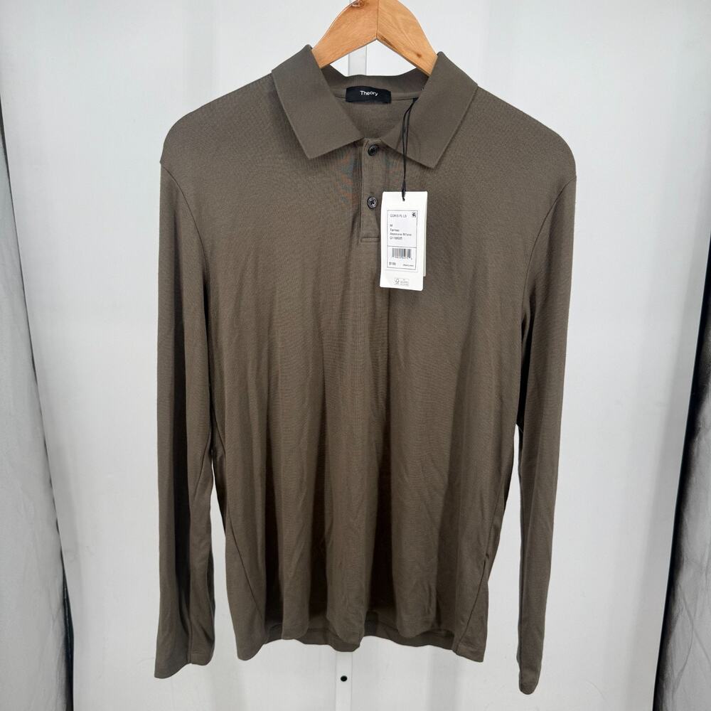 Theory Goris Polo Shirt Mens M Tarmac Brown Long Sleeve Regular Fit Knit Leisure